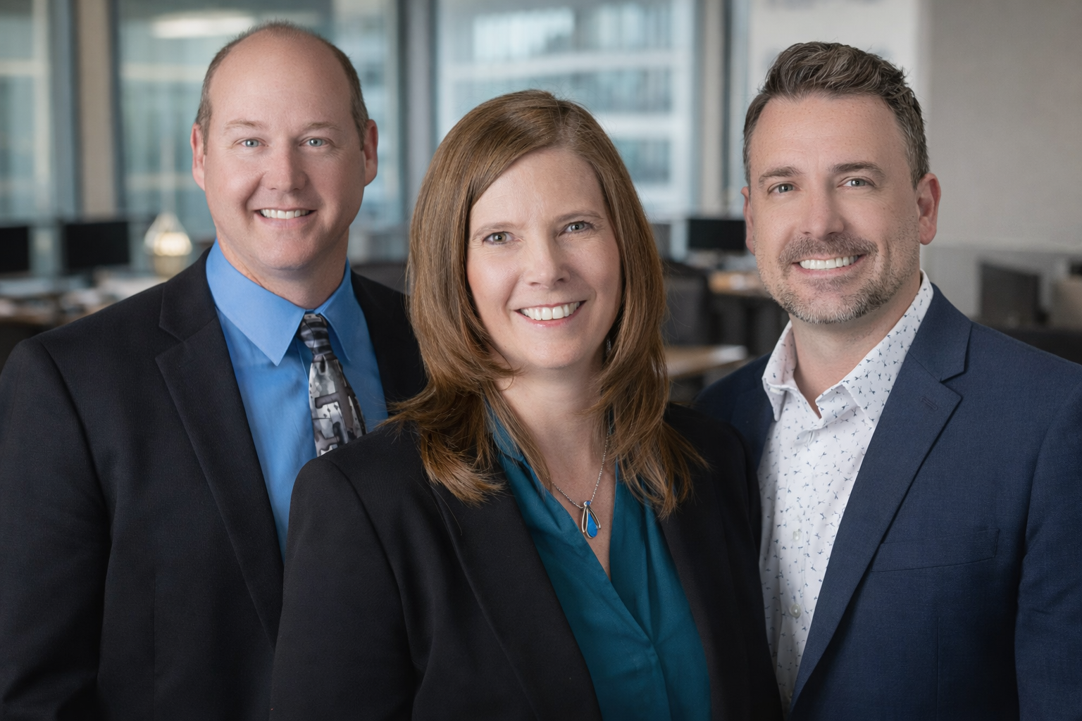 Team members of Firefly Business Group, an Acumatica Gold-Certified Partner, posing in a modern office setting, showcasing expertise in ERP solutions for food production and distribution.