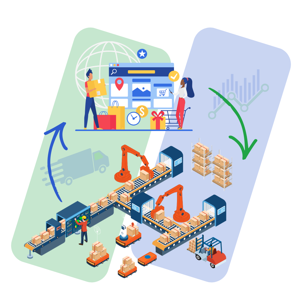 Graphic illustrating food distribution processes, featuring automated conveyor systems, robotic arms, and inventory management, symbolizing efficiency and real-time control in wholesale and perishable inventory management.