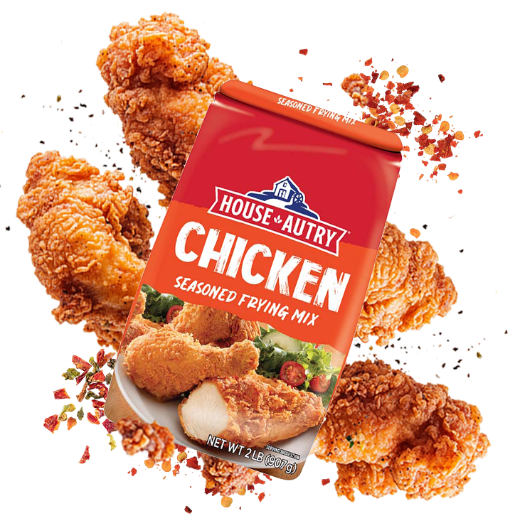 House Autry Chicken seasoned frying mix packaging with crispy fried chicken pieces, showcasing the brand's focus on food manufacturing efficiency and quality.