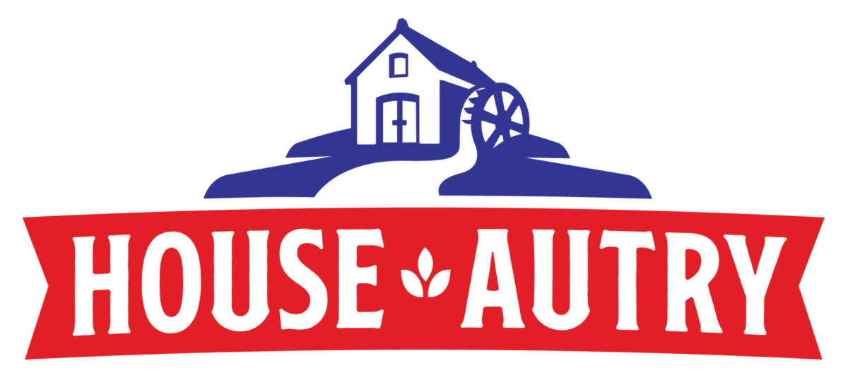 House Autry logo featuring a barn and water wheel, representing the brand's heritage in the food industry, relevant to Firefly Business Group's ERP solutions for food businesses.