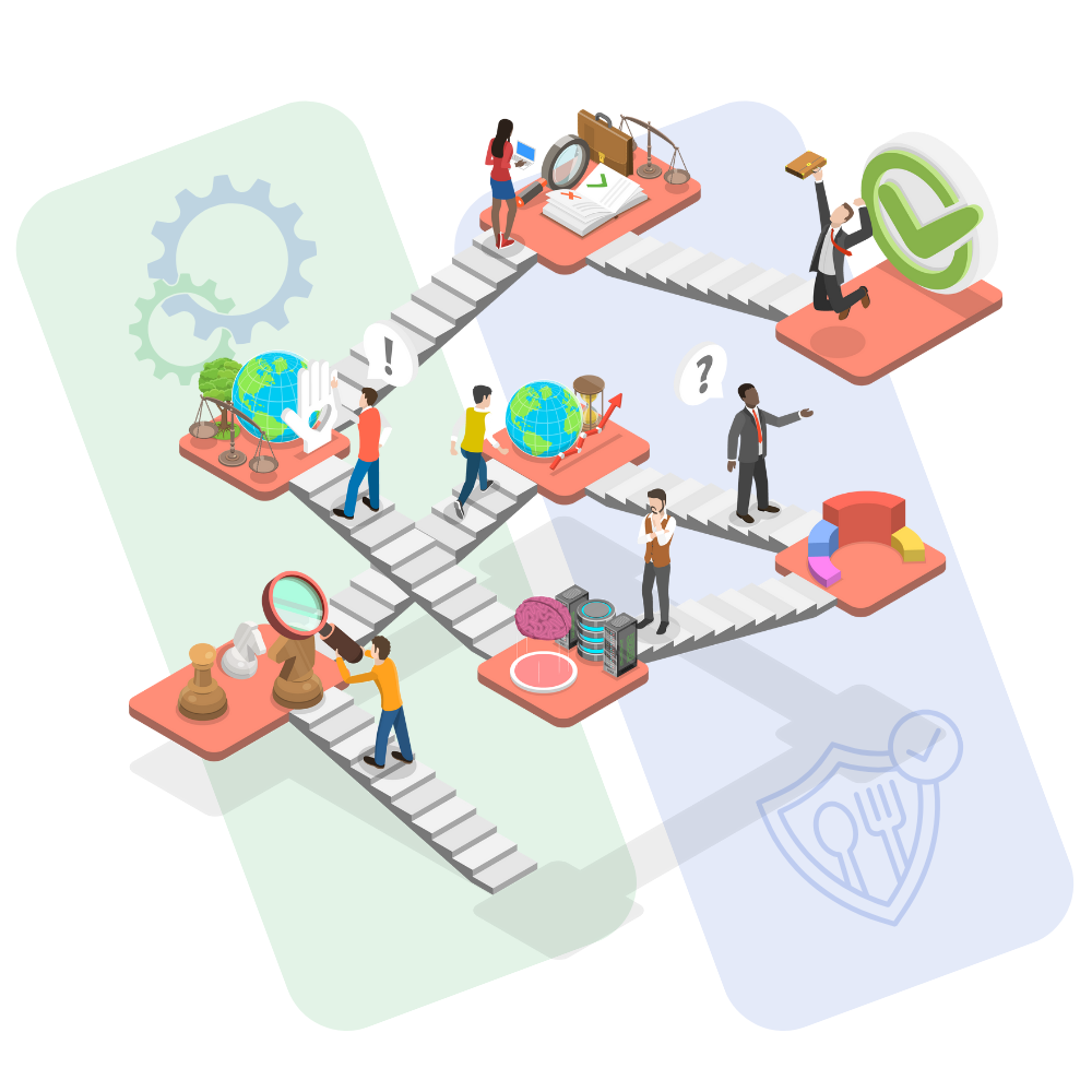 Illustration of diverse individuals navigating pathways with symbols of process manufacturing, including gears, globes, and magnifying glasses, representing Acumatica ERP solutions for food production and compliance management.