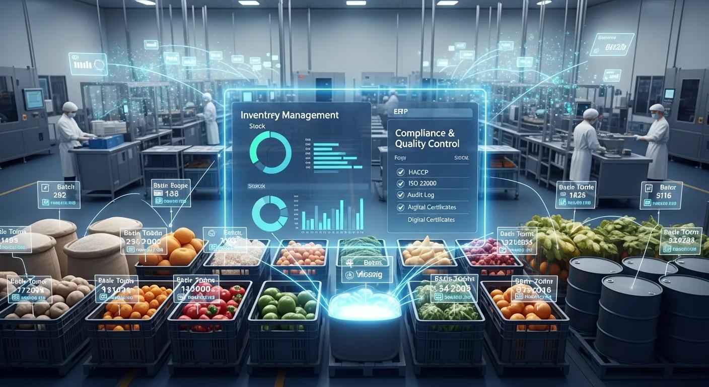 Visual representation of ERP features for food manufacturing, highlighting inventory tracking and compliance