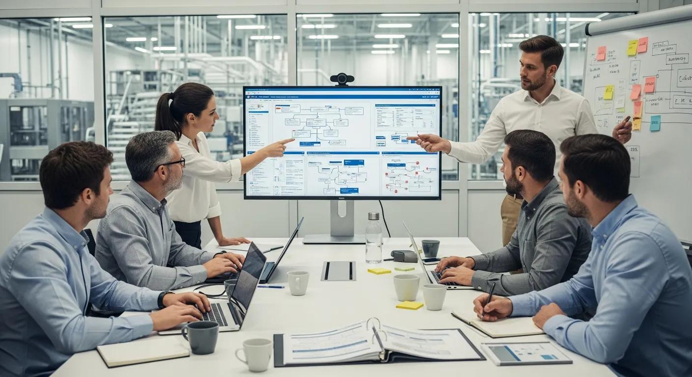 Team collaborating on the implementation process of an ERP system in food manufacturing