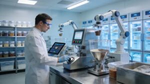 Technician operating advanced equipment for precise batch processing in a production facility