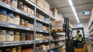 Organized warehouse demonstrating efficient inventory management for food production